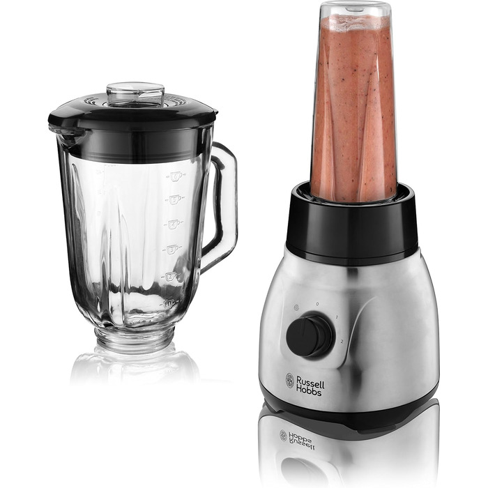 Стаціонарний блендер Russell Hobbs 2-в-1: 1,5 л скляна чаша + 0,6 л пляшка для смузі, нержавіюча сталь, подрібнення льоду, BPA Free, для коктейлів та смузі, модель 23821-56
