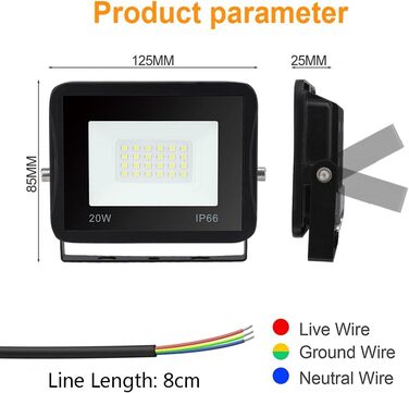 LED прожектор для вулиці та приміщень, 2 шт, 20 Вт, IP66 водонепроникний, 8500 Лм, 6000K холодне біле світло, кут освітлення 120°, надяскравий ліхтар для двору, фасаду, гаража