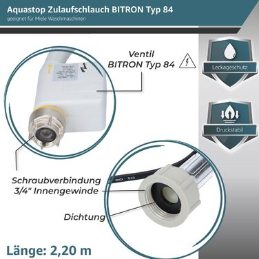 Шланг подачі води Aquastop 2,2 м BITRON Typ 84 для пральної машини Miele, 3/4 дюйма, захисний WPS з електричним підключенням