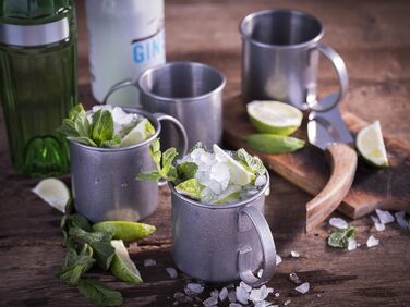Набір для коктейлів Moscow Mule: 2 келихи по 500 мл, барна ложка 27 см, мірний стакан 5cl, чорна преса для лайма, харчова нержавіюча сталь, подарункова коробка, антикварний стиль, 4 предмети