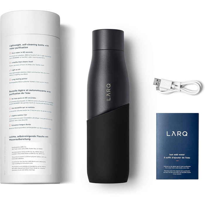 Пляшка LARQ Movement PureVis 950 мл – самочистка УФ, нержавіюча сталь, силіконова оболонка, легка, ударостійка, зберігає холод, для спорту, бігу та активного відпочинку, чорна/онікс