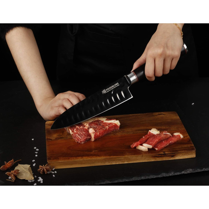 Кухонний ніж Santoku YOUSUNLONG 18 см з японської сталі AUS8, чорне титанове покриття, рукоятка з ебенового дерева