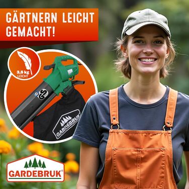 Електричний садовий пилосос-видувач та подрібнювач GARDEBRUK 3-в-1, 3000 Вт, з ременем, колесами, мішком 45 л, 270 км/год, зелений