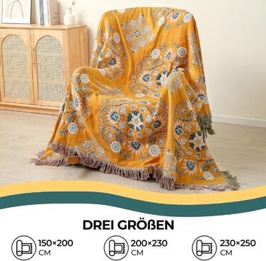 Покривало HOORDRY Boho для ліжка та дивана, бавовняна двостороння ковдра 150×200 см з китицями, жовто-зелене, для спальні та вітальні