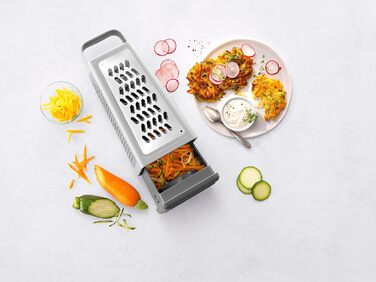 Терка кухонна ZWILLING Z-Cut, 4 насадки, нерж. сталь, з контейнером, для овочів, сиру, картоплі, пармезану, двостороння, 26×11×11 см, підходить для посудомийки, сіра