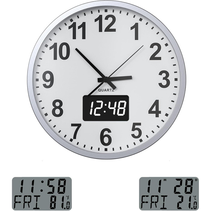 Сучасний настінний годинник KWANWA без тикань, цифровий LED/LCD дисплей, календар, термометр, на батарейках, 30,5 см, 12-годинний формат, для кухні, спальні, офісу, сріблясто-білий