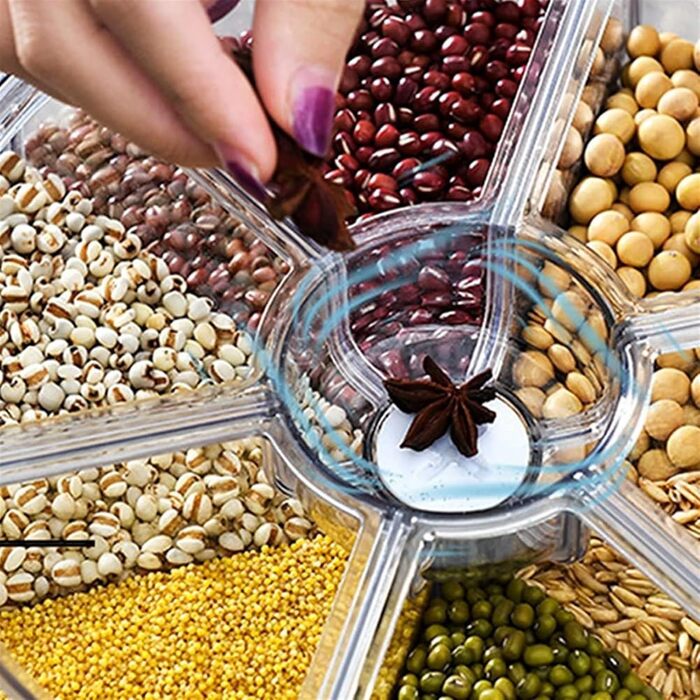 Контейнер для зберігання продуктів 3/6 кг, круглий харчовий диспенсер з 6 відсіками, що обертається на 360°, вологозахищений, багатофункціональний, пилозахищений, для домашнього використання