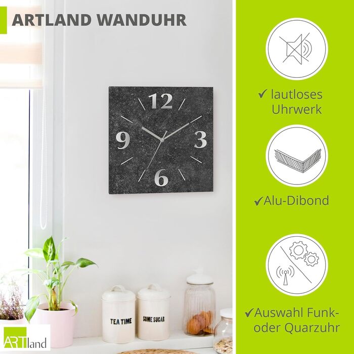 Настінний годинник ARTLAND 30x30 см, квадратний, безшумний, алюмінієвий, аналоговий, 4 цифри, граніт, кварцовий механізм