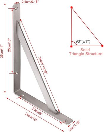 YUMORE Кронштейн для полиць 350x250 мм, нержавіюча сталь, настінний, вантажопідйомність 200 кг, 2 шт. – кріплення для полиць, столів, лавок