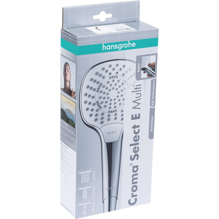 Душова лійка hansgrohe Croma Select E, економна, 9 л/хв, 3 режими, антикальційна, 110x110 мм, біла/хром