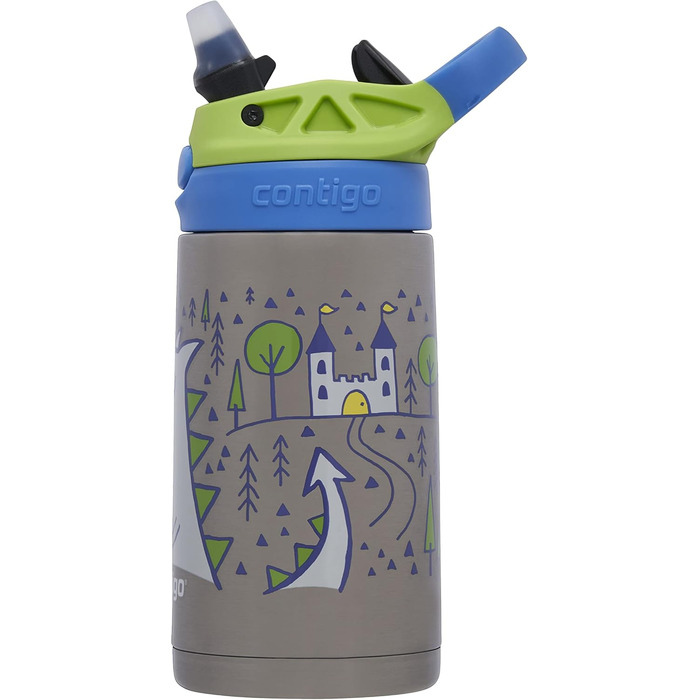 Дитяча пляшка для води Contigo Easy Clean Autospout з трубочкою, нержавіюча сталь, без BPA, 100% герметична, легке очищення, 420 мл, для школи, садка, спорту (Matcha Dragon)