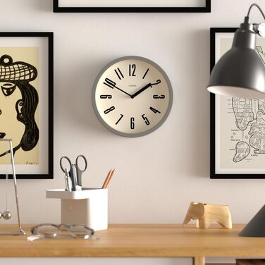 Настінний годинник JONES CLOCKS® для ванної та кухні, ретро, круглий, 20 см, сірий, великі цифри, для офісу, дитячої, маленьких приміщень