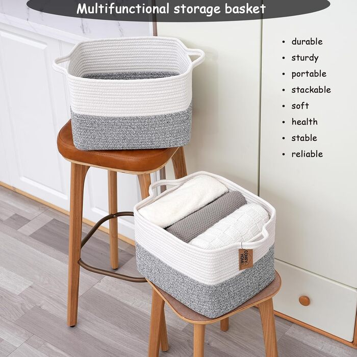 COMFY-HOMI кошик з бавовняного каната з ручками для іграшок, книг та полиць, органайзер для зберігання 34,3×27,9×24,1 см, біло-сірий