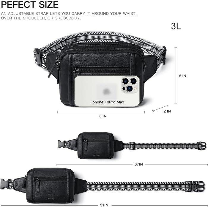 Жіноча бананка 3L Crossbody з екошкіри, водостійка та проти крадіжок, чорна поясна сумка для спорту та міста