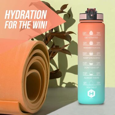 Пляшка для води 1 л BPA-free зі соломинкою та мірною шкалою, для велосипеда, спорту, школи, зручна для газованих напоїв, помаранчева та світло-зелена з помаранчевою кришкою