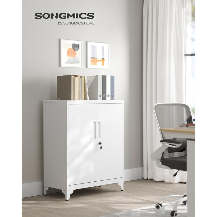 SONGMICS металевий офісний шафа з замком, 2-дверний багатофункціональний шафа для документів, для кабінету чи вітальні, матово-білий, 80 см