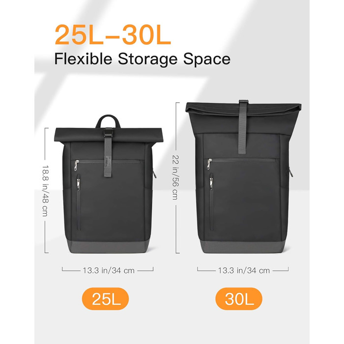 Рюкзак Inateck RollTop 25-30 л чорний, для чоловіків і жінок, міський, велосипедний, шкільний, для університету, роботи, спорту та подорожей, з відділенням для ноутбука 17