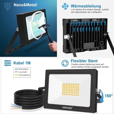 MEIKEE LED Прожектор 60 Вт, тепле біле світло 2700K, 5200 Лм, суперяскравий, 2 шт., IP66 водонепроникний, для саду, двору, гаража, під'їзду