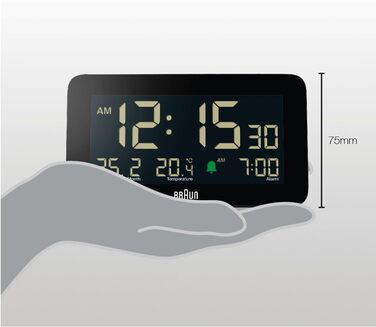 Цифровий годинник Braun BC10B з будильником, датою, місяцем, термометром, LCD-дисплеєм, швидким налаштуванням, чорний