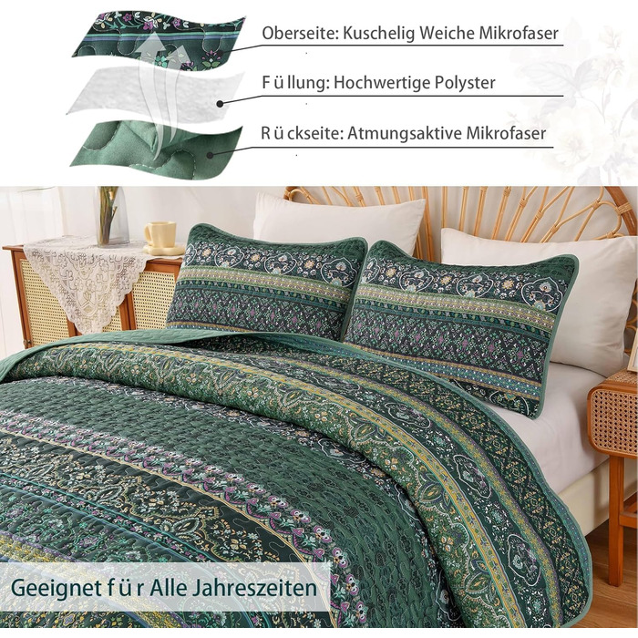 Покривало WONGS BEDDING 220x240 см, стьобане, комплект 3 шт. для двоспального ліжка, мікрофібра, у стилі бохо, темно-зелене, з 2 наволочками 50x70 см, для спальні чи дивану