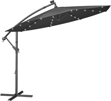 Парасолька SONGMICS 300 см з LED-світлодіодами на сонячній батареї, з підставкою, сірий, для балкону і саду, UPF 50+, ампельна, з ручкою-крутилкою