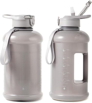 Пляшка для води H2O Capsule INSPO 2,5 л з мітками часу, соломинкою, ручкою та ремінцем, харчовий пластик, не протікає, мотиваційна, сіро-бежева