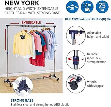 Вішак для одягу Tatkraft New York на колесах, розсувний, з нержавіючої сталі, регульована висота та ширина, 86-143x44x100-165 см, стійка пересувна гардеробна