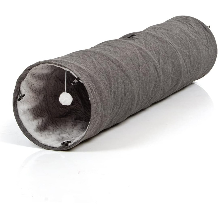 Ігровий тунель для котів CanadianCat XXL, плюшевий, сірий, 35x150 см, з іграшкою