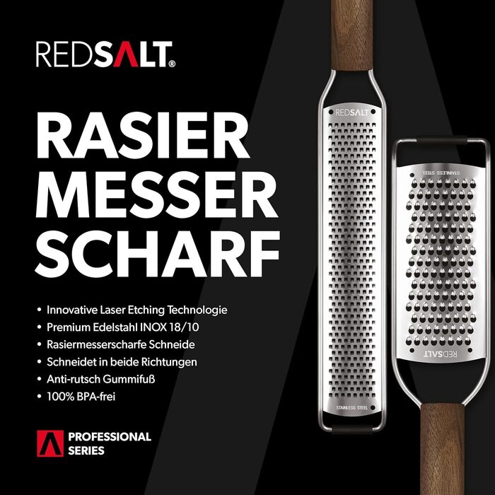 Преміум набір терок REDSALT з нержавіючої сталі з ручкою з волоського горіха — універсальна кухонна терка для лимона, імбиру, моркви, сиру, пармезану, професійний кухонний зестер та джулієн