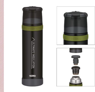Термос для напоїв Thermos Mountain 0,9 л, чорний, з нержавіючої сталі з чашкою, зберігає тепло/холод 24 год, легкий, для туризму, розбірна кришка, BPA-free