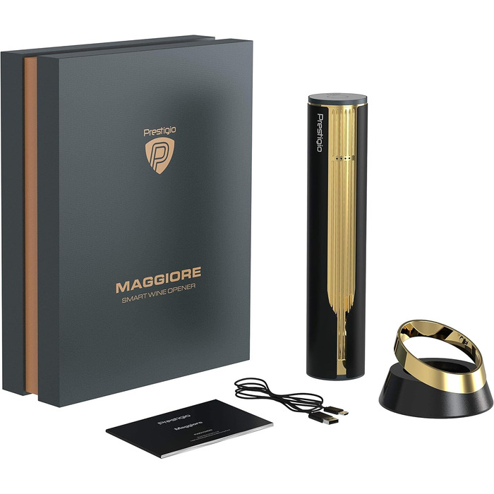 Електричний штопор Prestigio Maggiore для вина, з фольгорізом, зарядною станцією, у подарунковій коробці, чорний/золотий, преміум-якість