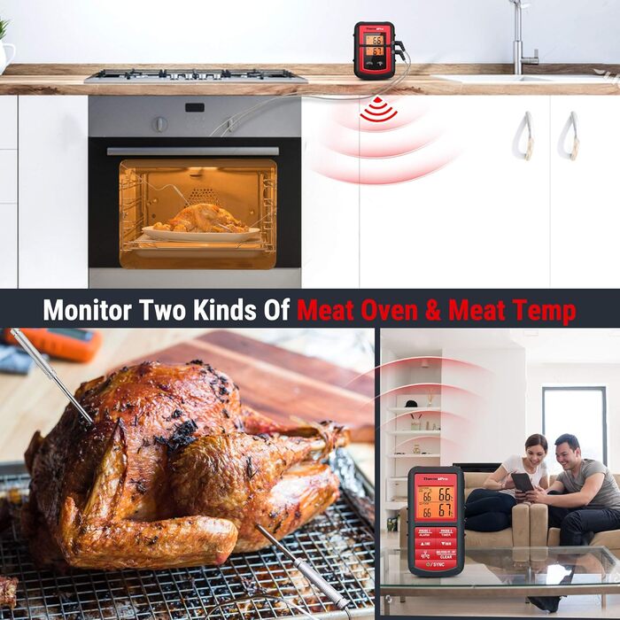 Цифровий термометр ThermoPro TP08C для м'яса та духовки з 2 датчиками, бездротовий кухонний термометр з таймером для BBQ, гриля, приготування їжі
