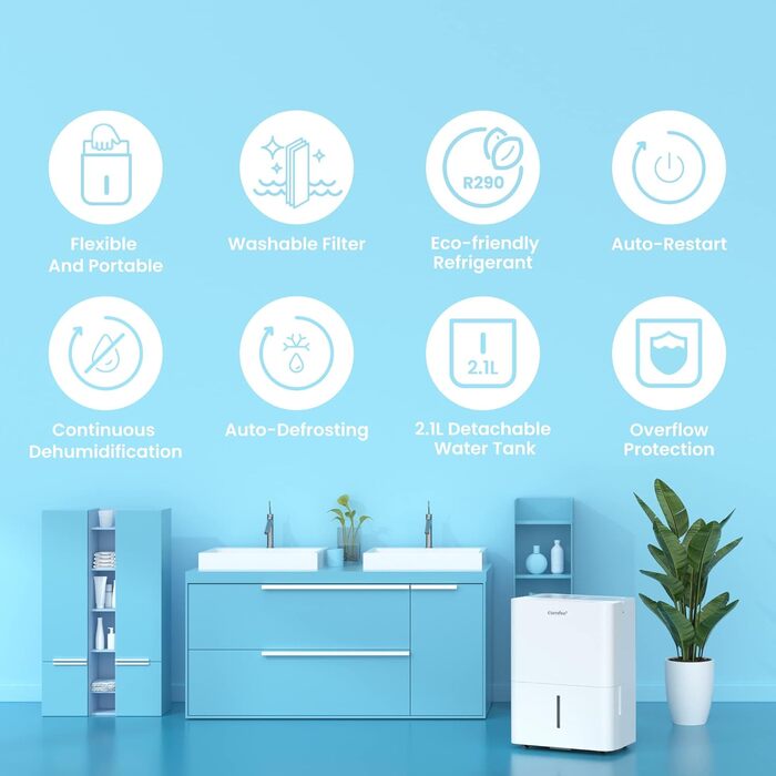 Осушувач повітря Comfee 10 л/24 год для приміщень до 40 м³, LED-дисплей, автоматичне осушення, проти вологи та плісняви, R290