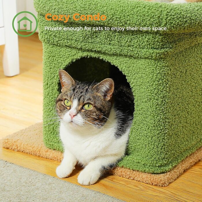 PAWZ Road багаторівневий котячий комплекс із сизалевим дряпаком, м'яким будиночком та великою полицею для котів, зелений