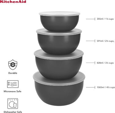 Набір кухонних мисок KitchenAid, 3 шт, вугільно-сірі, зручно складаються одна в одну, для приготування їжі