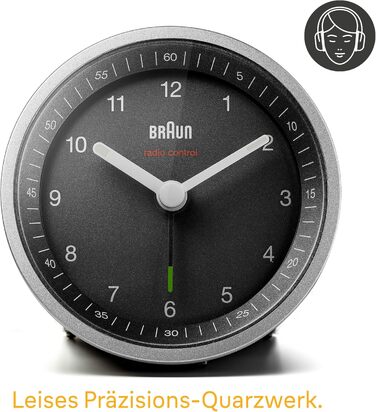 Будильник Braun BC07SB-DCF аналоговий з радіокеруванням, підсвіткою, тихим механізмом, функцією дрімоти, чорний/сріблястий, для центральноєвропейського часу (MEZ/GMT+1)