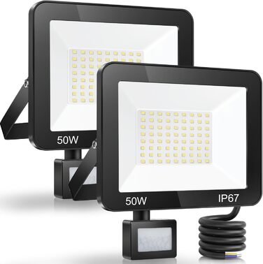 LED прожектор 50W з датчиком руху, IP67, 5000Лм, 7000K, набір 2 шт, водонепроникний вуличний прожектор для двору, саду, гаража, входу, холодне світло