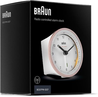 Аналоговий радіокерований будильник Braun BC07PW-DCF, білий/рожевий, з підсвіткою, безшумний механізм, функція повтору та поступовий сигнал, для Центральної Європи (MEZ/GMT+1)