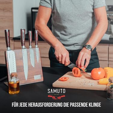 Samuto – Набір з 5 високоякісних азіатських кухонних ножів з магнітним блоком, точилкою та подарунковою коробкою, преміум нержавіюча сталь, дамаський візерунок, ергономічна ручка з пакка-дерева – ідеальне кухонне приладдя