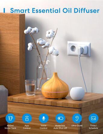 Розумний ультразвуковий арома-дифузор Meross 400 мл з Wi-Fi, RGB-LED підсвіткою, керуванням через додаток, сумісний з Apple HomeKit, Alexa, Google Home, для ефірних олій та зволоження повітря