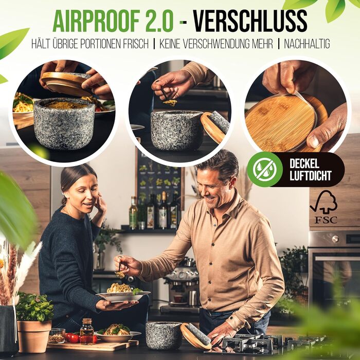 Млин для спецій і трав з товкачем та кришкою AirProof 2.0, 750 мл, світло-сірий преміум граніт, без абразивного зносу, підставка SolidStand