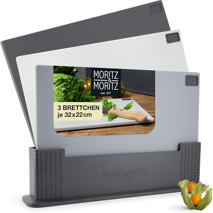 Набір обробних дощок Moritz & Moritz, 3 шт, пластик, 32x22 см, зі стійкою, для кухні, великий розмір, підходить для посудомийки, гігієнічний