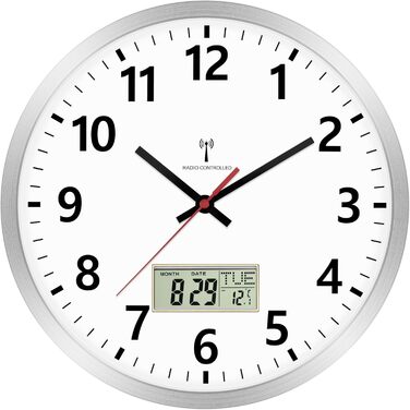 Настінний годинник Foxtop, радіокерований, аналоговий, 30 см, з LCD-дисплеєм температури і дати, сріблястий, для кухні та вітальні