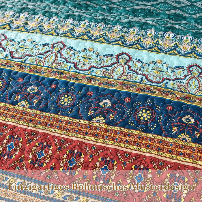 Покривало WONGS BEDDING Boho 220x240 см, стьобане, мікрофібра, комплект 3 в 1 (2 наволочки 50x70), для двоспального ліжка та дивана, бежево-зелене, для спальні