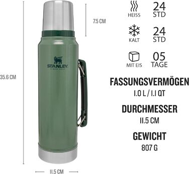 Термос Stanley Classic Legendary 1 л – сталева термокружка, зберігає тепло/холод 24 години, BPA-free, підходить для посудомийки, зелений Hammertone