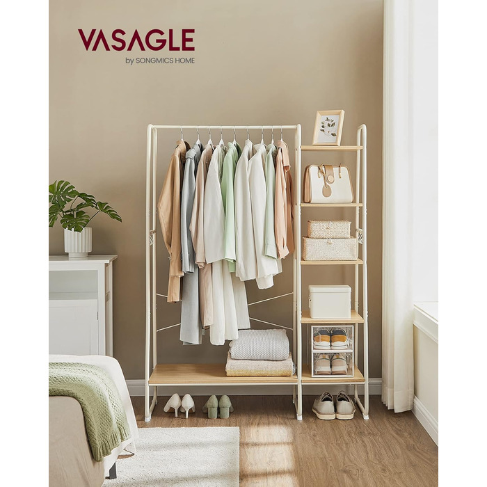 VASAGLE Вішалка-стійка для одягу з полицею для взуття, 45x120x160 см, відкритий гардероб, 6 знімних гачків, для спальні та передпокою, вінтажний коричневий/чорний, дуб/матовий білий