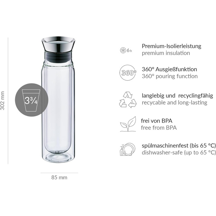Термокарафа скляна alfi FLOWMOTION 0,75 л, боросилікат, подвійні стінки, автоматичний налив, інтегрований фільтр, розбірна кришка, для гарячих і холодних напоїв, підходить для посудомийки