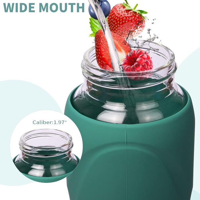 Скляна пляшка для води 1 л з трубочкою, BPA free, боросилікат, силіконова обгортка, темно-зелена