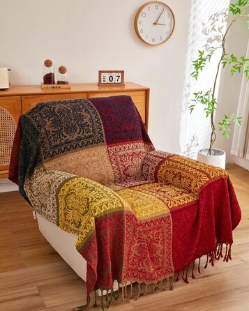 Покривало AIVIA Boho для дивана і ліжка, велике, азтецький гіпі стиль, червоний/зелений/жовтий, 221x262 см, захисний чохол на меблі, декоративна накидка