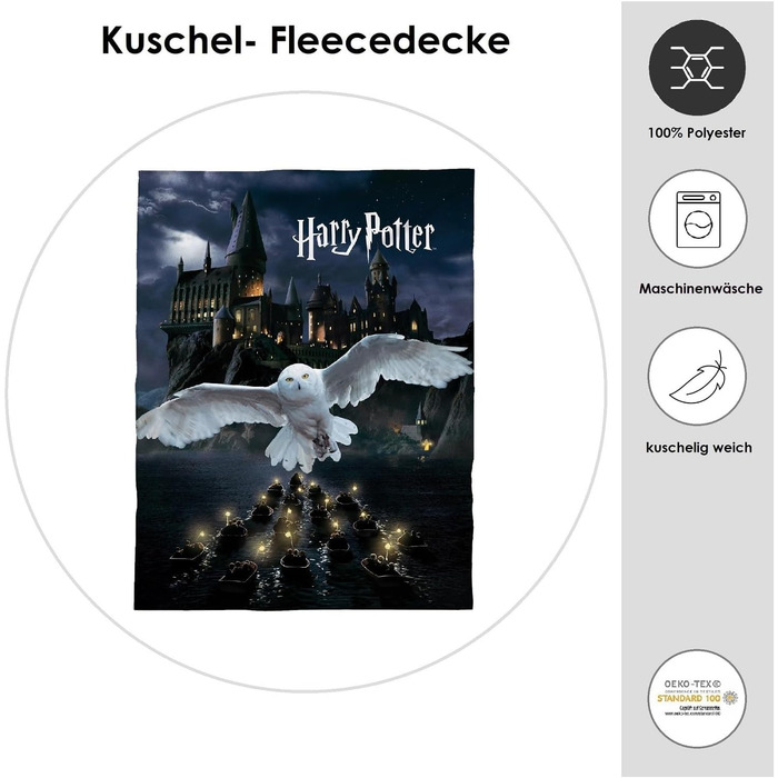 М'який плед Harry Potter з флісу 150x200 см, чорний, з Хогвартсом і совою – ковдра для дивана, покривало